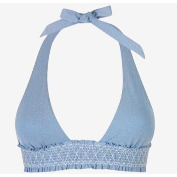 Heidi Klein Light Blue Smocked Halter Bikini Top Adjustable Ties & Padded Cups - Picture 5 of 8
